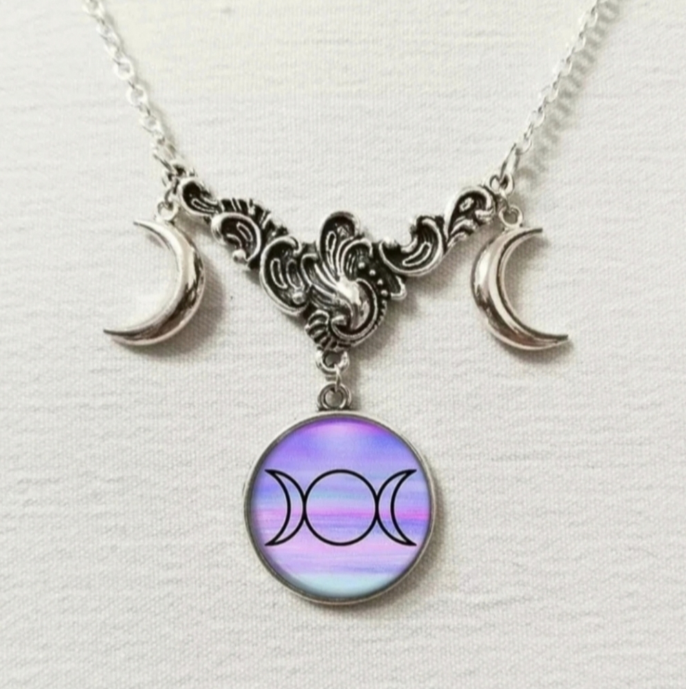 New Triple Moon Cabochon & Crescent Moons Necklace